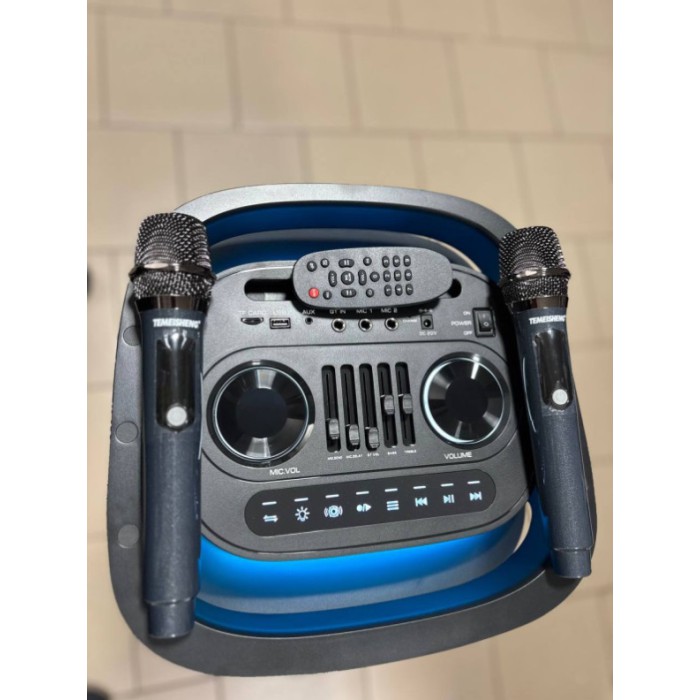 Портативная Bluetooth колонка Temeisheng 1028E 10″ 60Вт с 2 микрофонами, аккумуляторная караоке система Портативная Bluetooth колонка Temeisheng 1028E 10″ 60Вт с 2 микрофонами, аккумуляторная караоке система