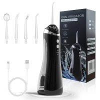Портативный ирригатор полости рта с USB-зарядкой, 4 насадки, 150 мл, черный, аккумуляторный, для глубокой очистки зубов и десен, компактный, пластиковый, 73×83×226 мм