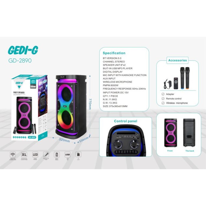 Мощная переносная Bluetooth колонка с аккумулятором и двумя микрофонами - акустическая система с 2 низкочастотными 8″ динамиками и 3″ высокочастотными динамиками Мощная переносная Bluetooth колонка с аккумулятором и двумя микрофонами - акустическая система с 2 низкочастотными 8″ динамиками и 3″ высокочастотными динамиками