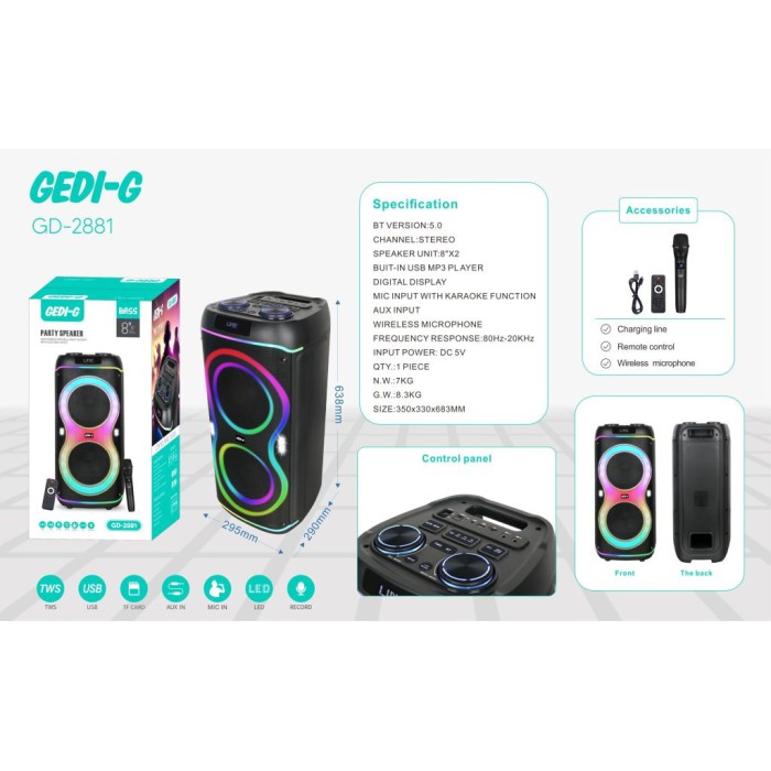 Мощная переносная Bluetooth колонка с аккумулятором, двойными 8” низкочастотными и 3” высокочастотными динамиками, акустическая система для караоке с 1 микрофоном и пультом управления Мощная переносная Bluetooth колонка с аккумулятором, двойными 8” низкочастотными и 3” высокочастотными динамиками, акустическая система для караоке с 1 микрофоном и пультом управления