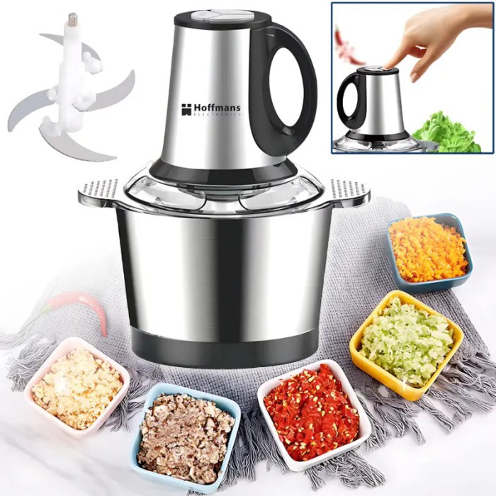 Електричний металевий подрібнювач-блендер Hoffmans HM-8829, 3L, 600W, сріблястий — універсальна м’ясорубка з трьома швидкостями для подрібнення та змішування Електричний металевий подрібнювач-блендер Hoffmans HM-8829, 3L, 600W, сріблястий — універсальна м’ясорубка з трьома швидкостями для подрібнення та змішування
