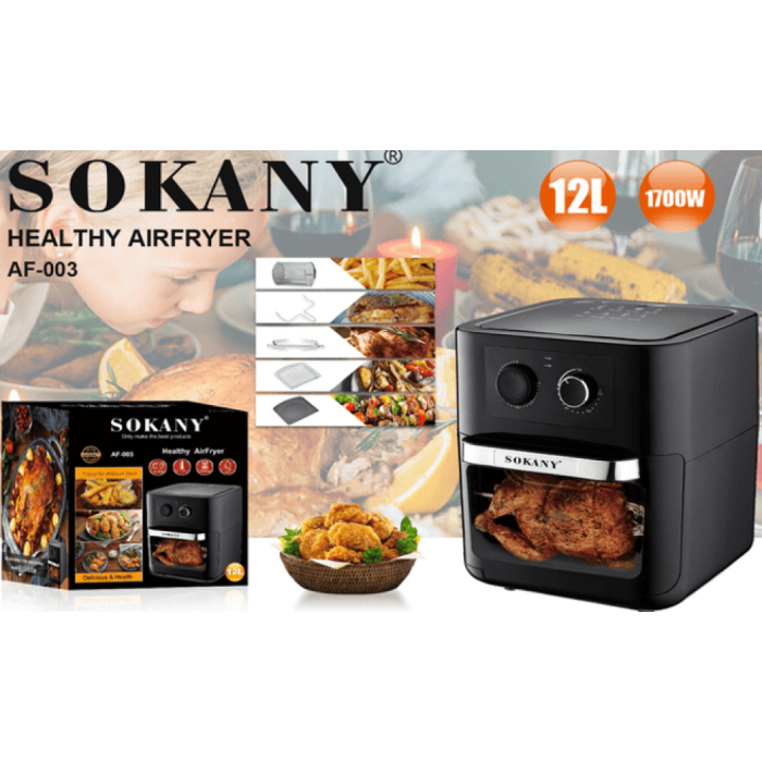 Аерофритюрниця Sokany, 1700Вт, мультипіч та аерогриль, сенсорне управління, LED-дисплей, велика ємність 12 л, смаження без олії, від мережі, чорна Аерофритюрниця Sokany, 1700Вт, мультипіч та аерогриль, сенсорне управління, LED-дисплей, велика ємність 12 л, смаження без олії, від мережі, чорна