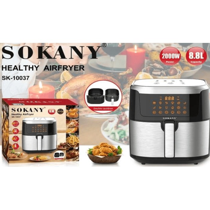 Аерофритюрниця Sokany 1200Вт, мультипіч та аерогриль, ємність 8,8 л, смаження без олії, сенсорне управління, LED-дисплей, таймер, від мережі, сіро-чорна Аерофритюрниця Sokany 1200Вт, мультипіч та аерогриль, ємність 8,8 л, смаження без олії, сенсорне управління, LED-дисплей, таймер, від мережі, сіро-чорна
