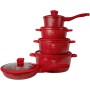 Набор посуды Top Kitchen 10 предметов — алюминиевые кастрюли, сковорода и сотейник с гранитным антипригарным покрытием и жаропрочными стеклянными крышками, универсальная посуда для всех типов плит, красный