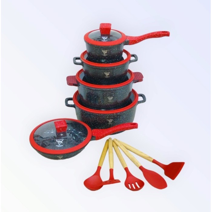 Набор кастрюль и сковородки Top Kitchen 10 предметов — универсальная алюминиевая посуда с гранитным антипригарным покрытием и жаропрочными стеклянными крышками, подходит для всех типов плит (черная с красными крышками, черный) Набор кастрюль и сковородки Top Kitchen 10 предметов — универсальная алюминиевая посуда с гранитным антипригарным покрытием и жаропрочными стеклянными крышками, подходит для всех типов плит (черная с красными крышками, черный)