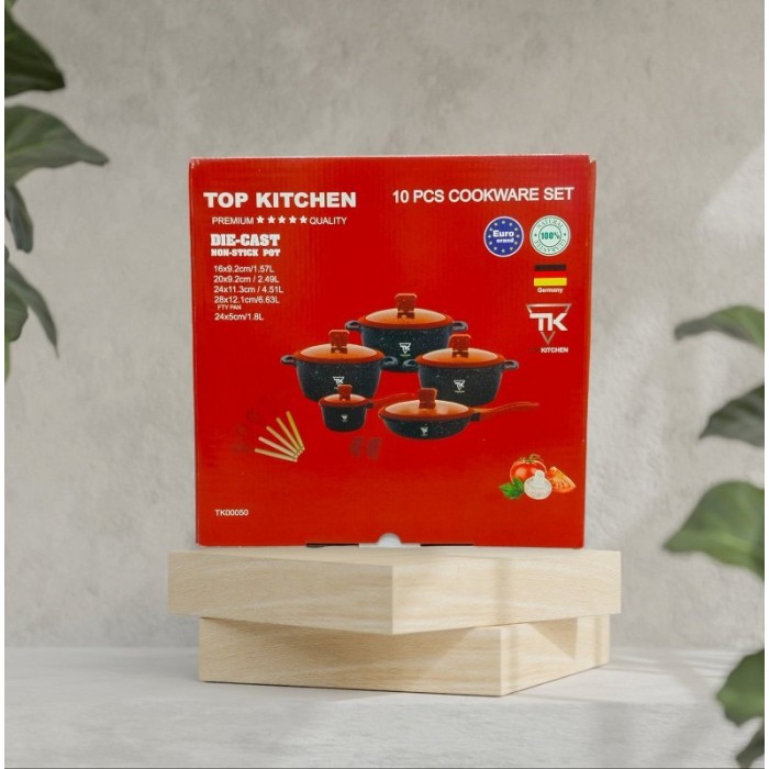 Набор кастрюль и сковородки Top Kitchen 10 предметов — универсальная алюминиевая посуда с гранитным антипригарным покрытием и жаропрочными стеклянными крышками, подходит для всех типов плит (черная с красными крышками, черный) Набор кастрюль и сковородки Top Kitchen 10 предметов — универсальная алюминиевая посуда с гранитным антипригарным покрытием и жаропрочными стеклянными крышками, подходит для всех типов плит (черная с красными крышками, черный)