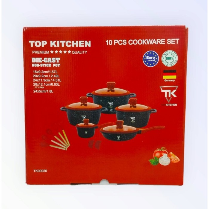 Набор кастрюль и сковородки Top Kitchen 10 предметов — универсальная алюминиевая посуда с гранитным антипригарным покрытием и жаропрочными стеклянными крышками, подходит для всех типов плит (черная с красными крышками, черный) Набор кастрюль и сковородки Top Kitchen 10 предметов — универсальная алюминиевая посуда с гранитным антипригарным покрытием и жаропрочными стеклянными крышками, подходит для всех типов плит (черная с красными крышками, черный)