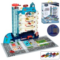 Дитячий ігровий трек «Гараж 5 поверхів» з ліфтом, музикою, світлом і звуком, 8 машинок, ігрове поле, на батарейках – інтерактивна іграшка для дітей