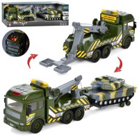 Ігровий Трейлер RJ3367 з Танком — 29 см трейлер, 21 см танк, інерція, звук і світло, гумові колеса, у подарунковій коробці