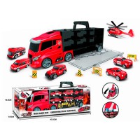 Ігровий Трейлер 666-09K Пожежна Служба — 39 см, 6 машин від 7 см, дорожні знаки, у подарунковій коробці